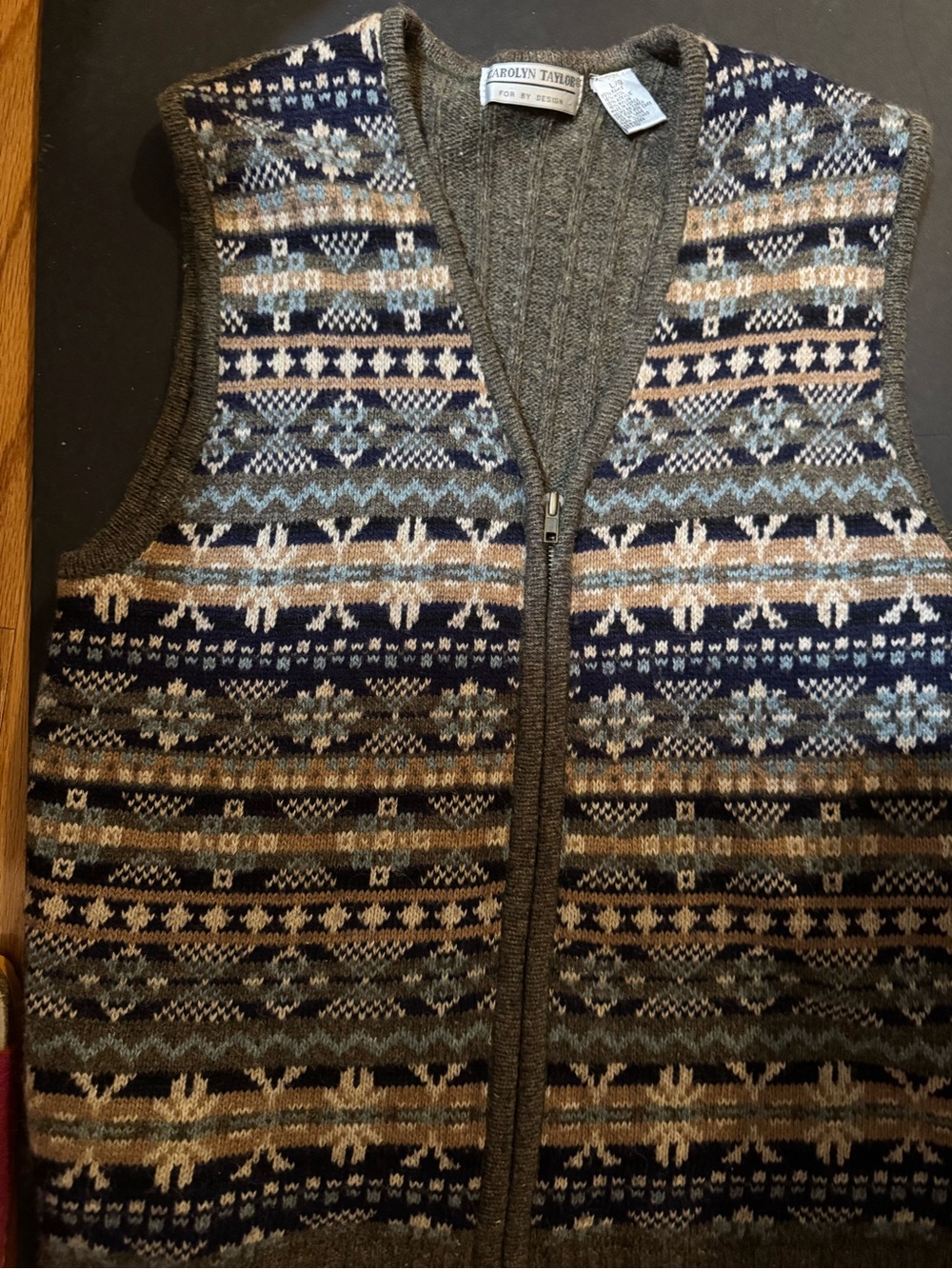Carolyn Taylor Fair Isle Zip-Up Vest in Gray, Navy, Tan